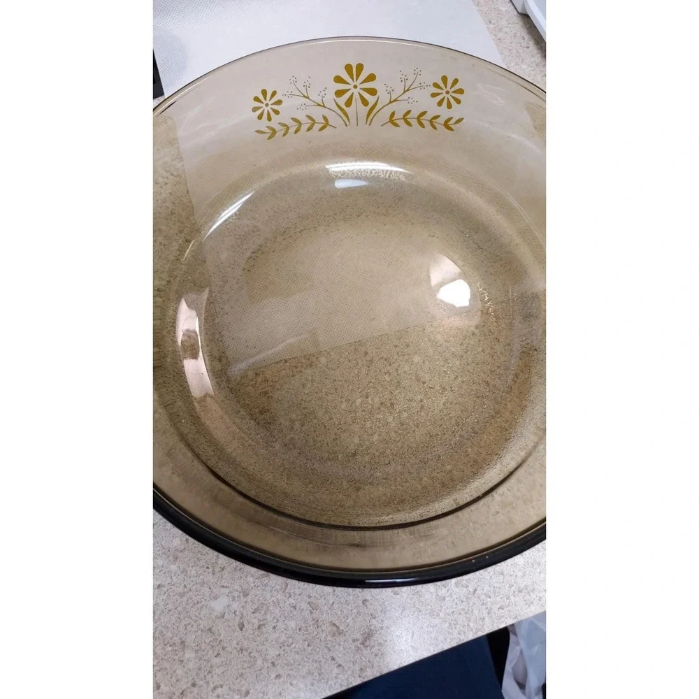 Glasbake Round Amber Casserole Dish 1.5 QT‎ Groovy Yellow Floral Daisy Vintage